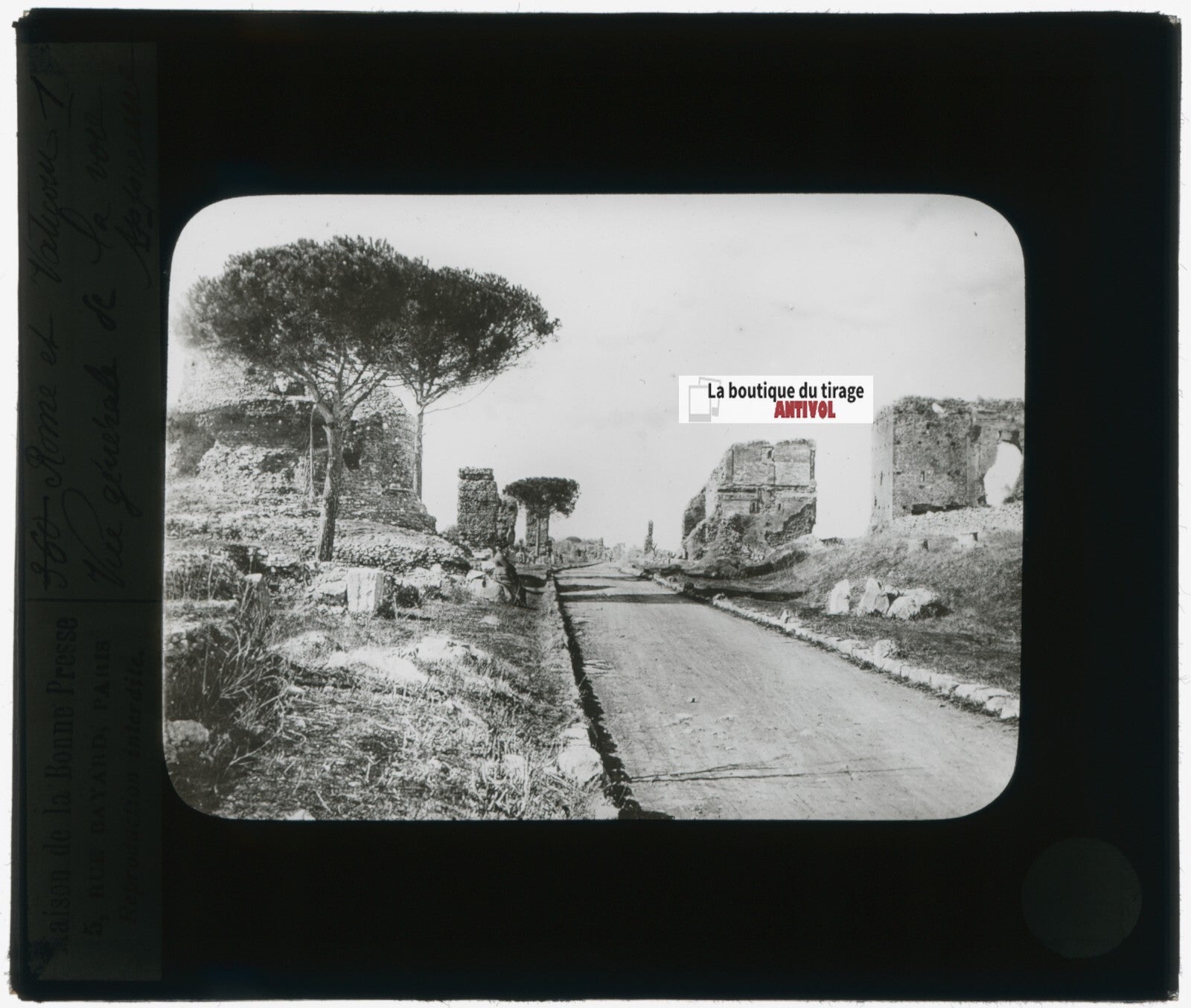 Via Appia, Rome, Italie, photo plaque verre, noir & blanc, positif 8,5x10 cm