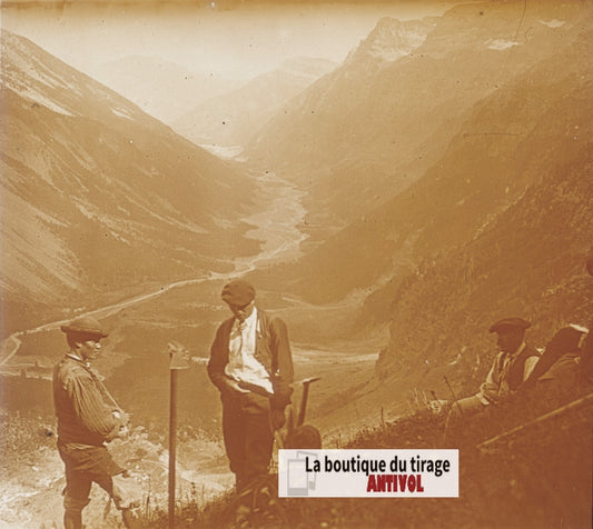 Pic de Pinède, Pyrénées, plaque de verre, photo ancienne stéréo, sépia 6x13 cm