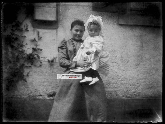 Plaque verre photo ancienne négatif noir et blanc 9x12 cm maman fille France