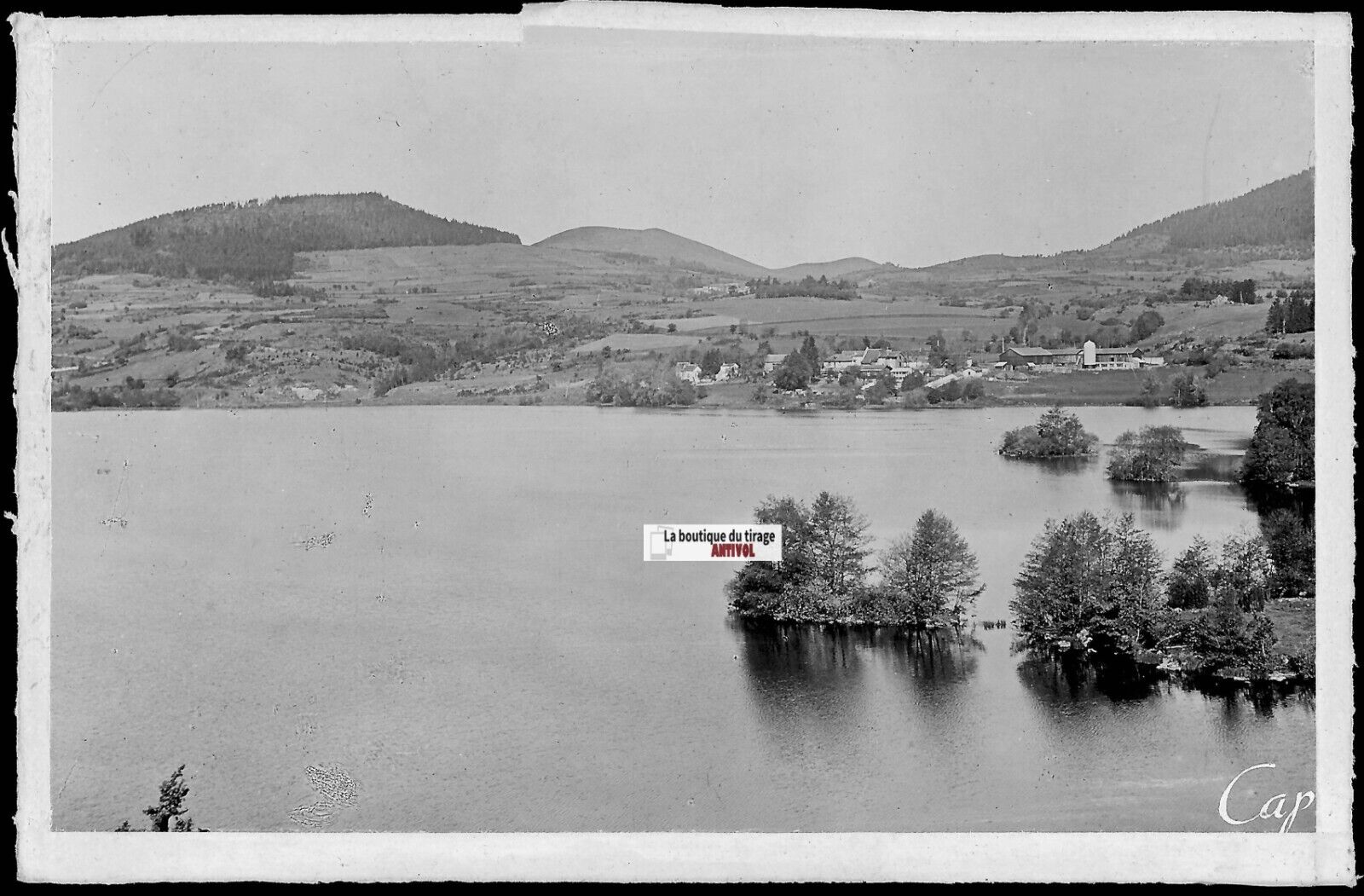 Plaque verre photo ancienne, négatif noir & blanc 9x14 cm, Mont-Dore, lac, eau