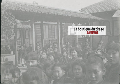 Ecoliers, Asie, Japon, photo plaque verre, noir & blanc, positif 8,5x10 cm