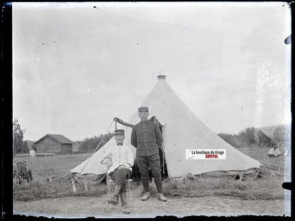 Officiers du 26ᵉ régiment, plaque verre, photo ancienne, négatif N&B 9x12 cm