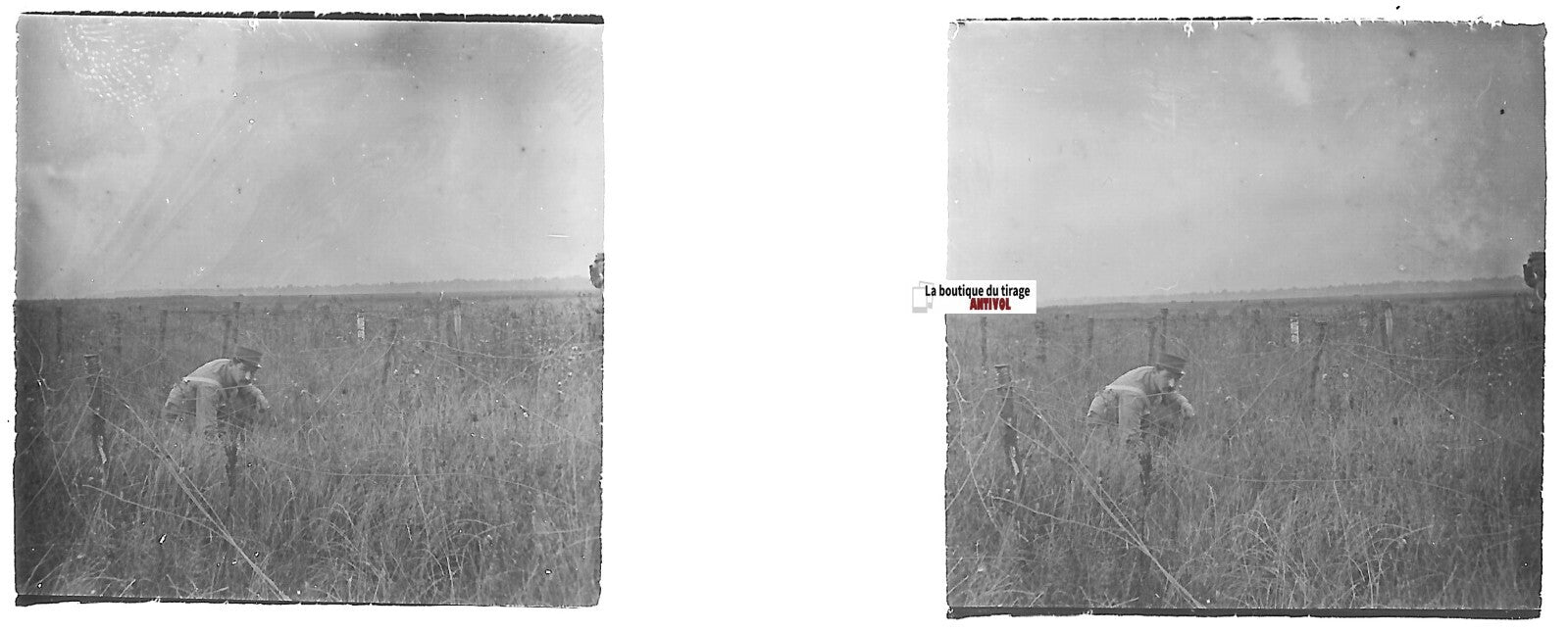 Bataille Somme, Plaque verre stéréo, positif ancien noir & blanc 4,5x10,7 cm
