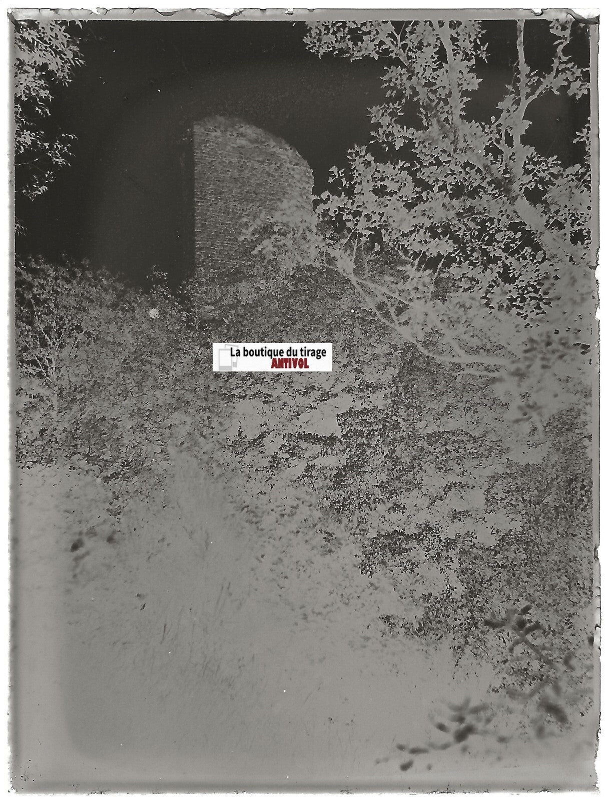 Tour château, ruine, Plaque verre photo ancienne, négatif noir & blanc 9x12 cm