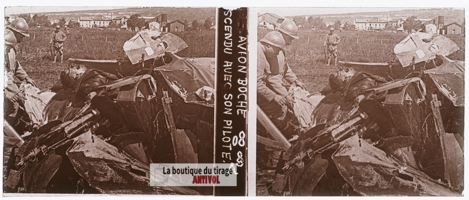 Avion allemand, guerre WW1, plaque verre stéréo, photo ancienne 4,5x10,7 cm