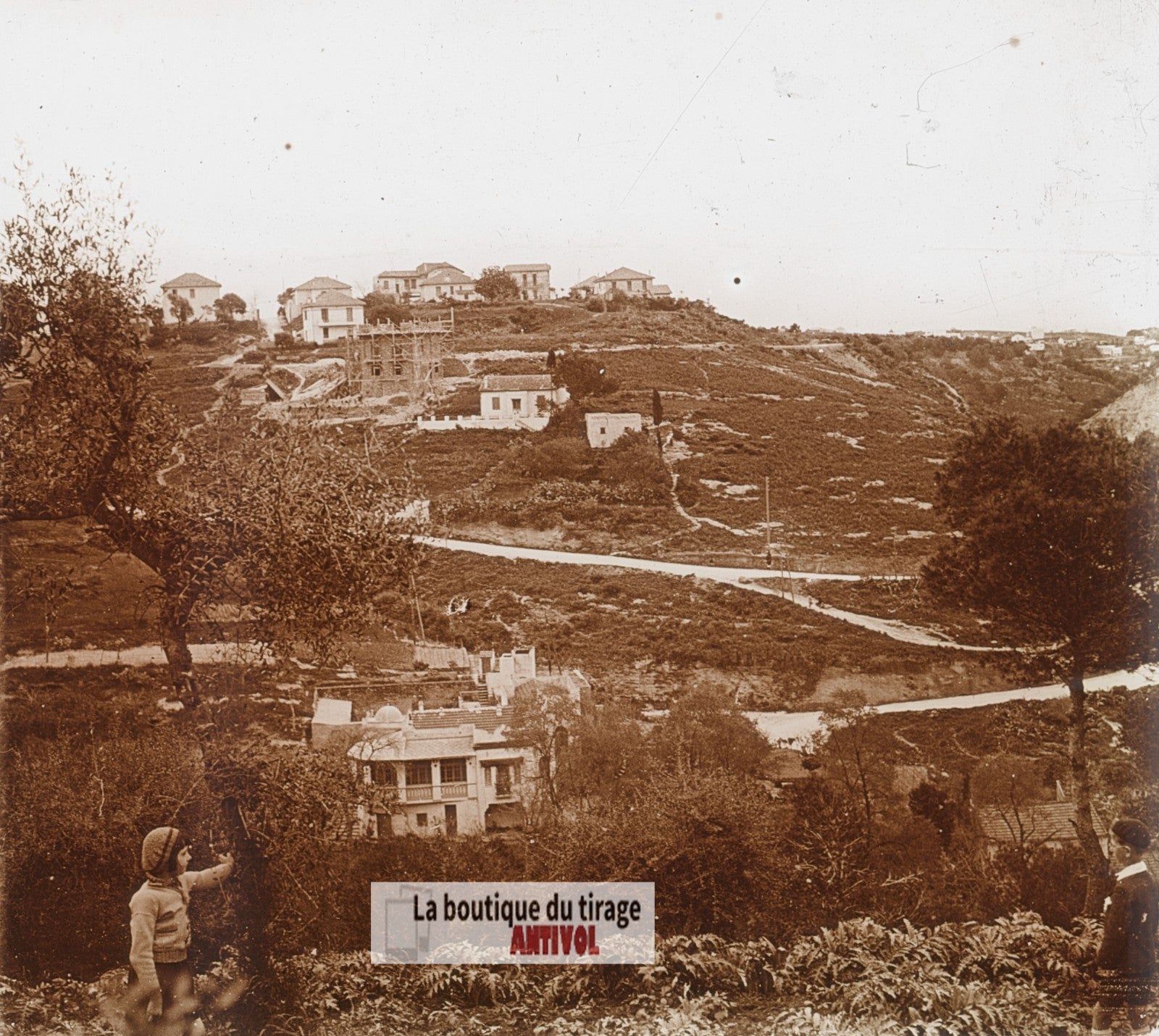 Quartier sur les hauteurs, Algérie, plaque verre photo ancienne stéréo 6x13 cm