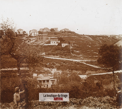 Quartier sur les hauteurs, Algérie, plaque verre photo ancienne stéréo 6x13 cm