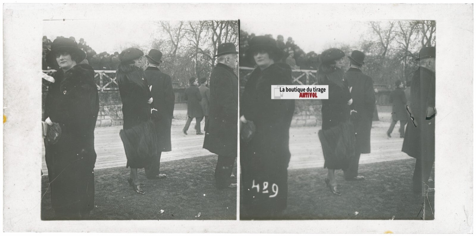 Scène de vie, Longchamp, Paris, plaque verre stéréoscopique, positif 8,5x17 cm