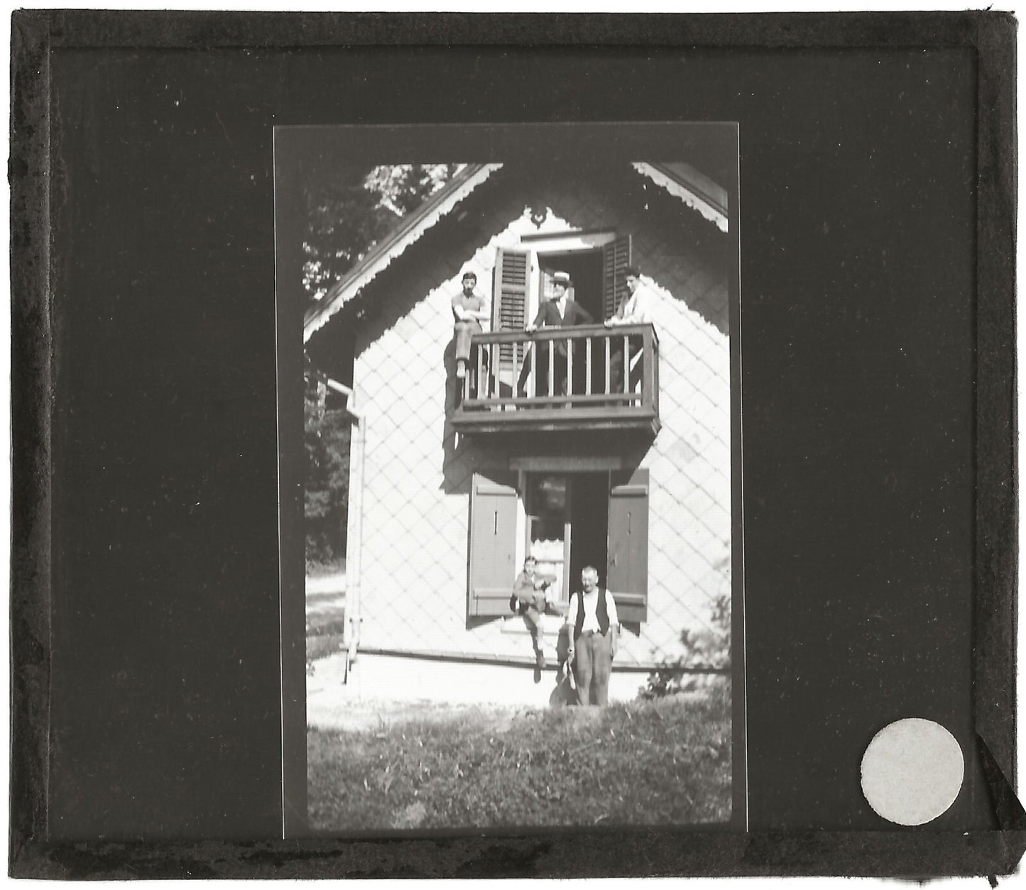 Maison de campagne, personnages, photo plaque de verre, positif 8,5x10 cm