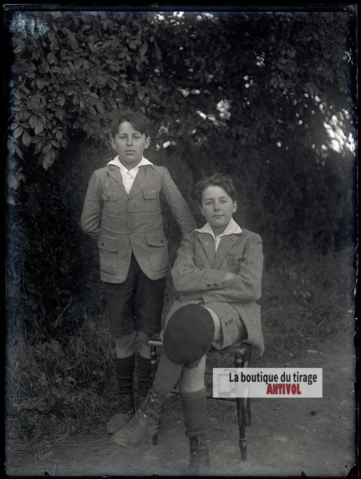 Portrait de deux garçons, plaque verre photo ancienne, négatif 9x12 cm