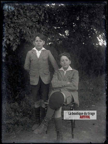 Portrait de deux garçons, plaque verre photo ancienne, négatif 9x12 cm