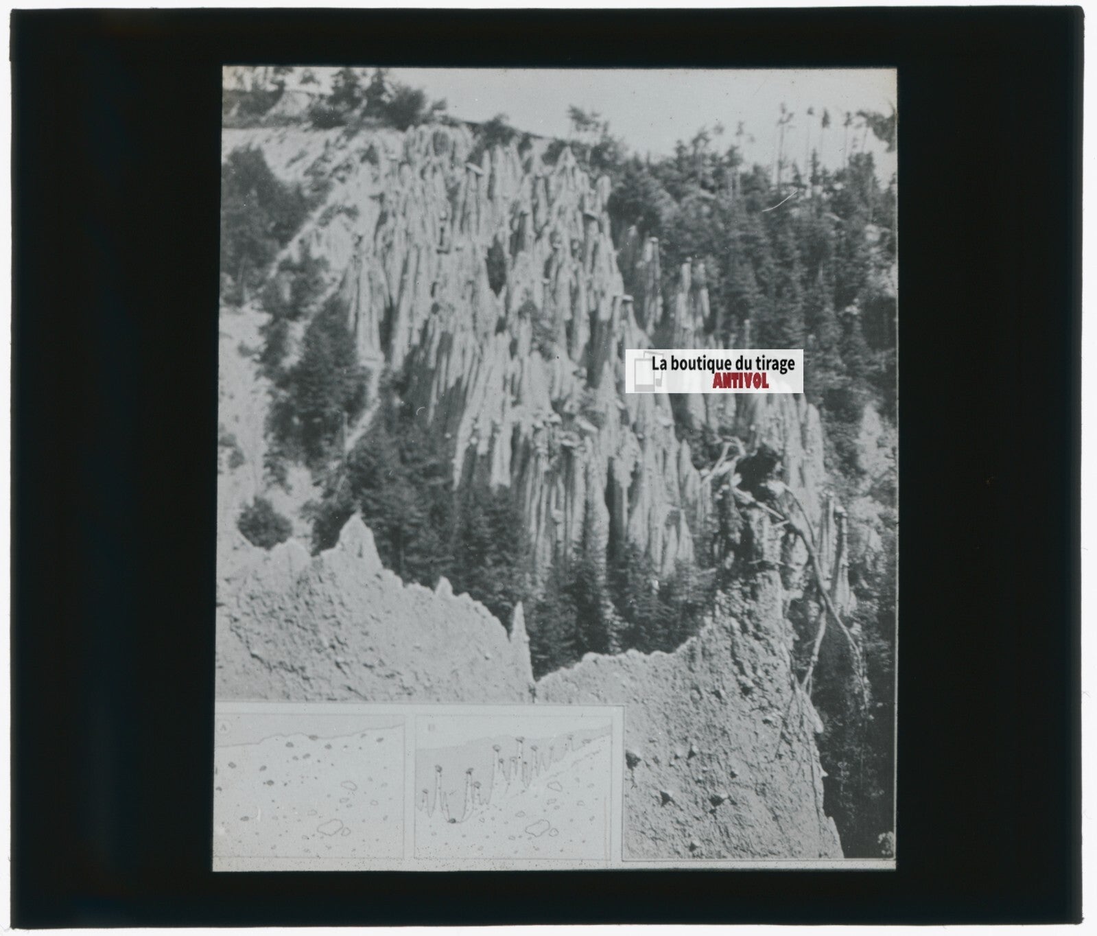 Cheminées de fée, paysage, photo plaque verre, noir & blanc, positif 8,5x10 cm