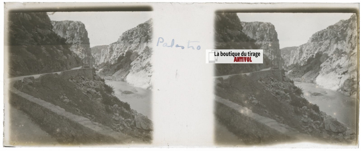 Gorges Palestro Algérie, Plaque verre stéréo, positif noir & blanc 4,5x10,7 cm