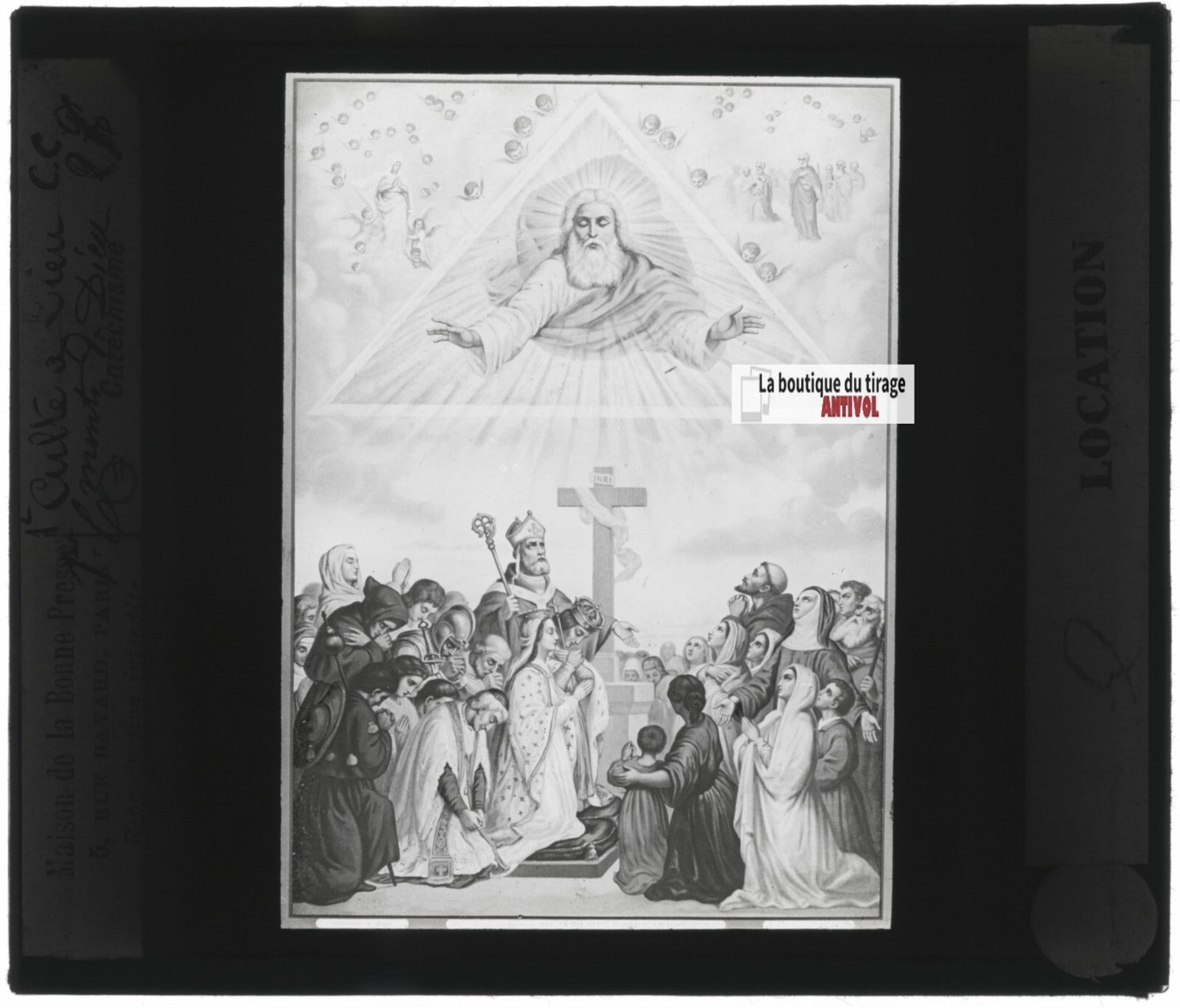 Scène religieuse, catéchisme, dessin peinture, plaque verre, positif 8,5x10 cm