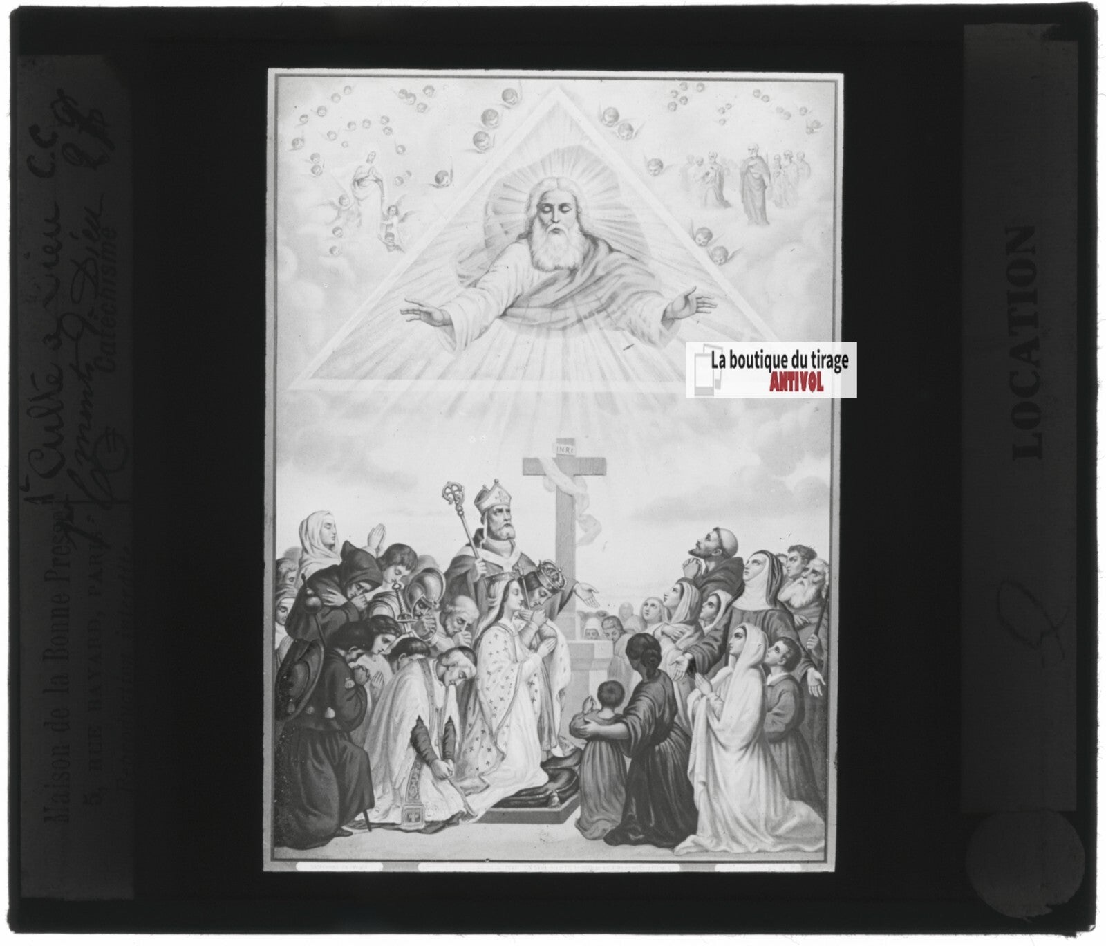 Scène religieuse, catéchisme, dessin peinture, plaque verre, positif 8,5x10 cm