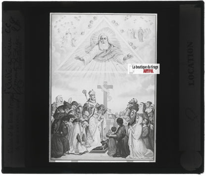 Scène religieuse, catéchisme, dessin peinture, plaque verre, positif 8,5x10 cm