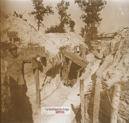 Mont Cornillet, boyau Eugène, WW1, plaque verre photo ancienne stéréo 6x13 cm
