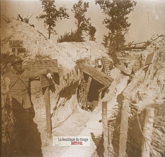 Mont Cornillet, boyau Eugène, WW1, plaque verre photo ancienne stéréo 6x13 cm
