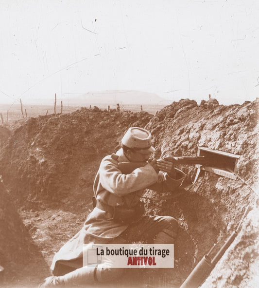 Tranchée devant le Mont Sec, guerre WW1, plaque verre stéréo, photo 4,5x10,7 cm