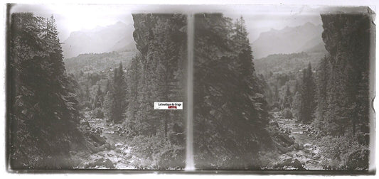 Paysage, montagne , Plaque verre photo stéréo, positif noir & blanc 6x13 cm