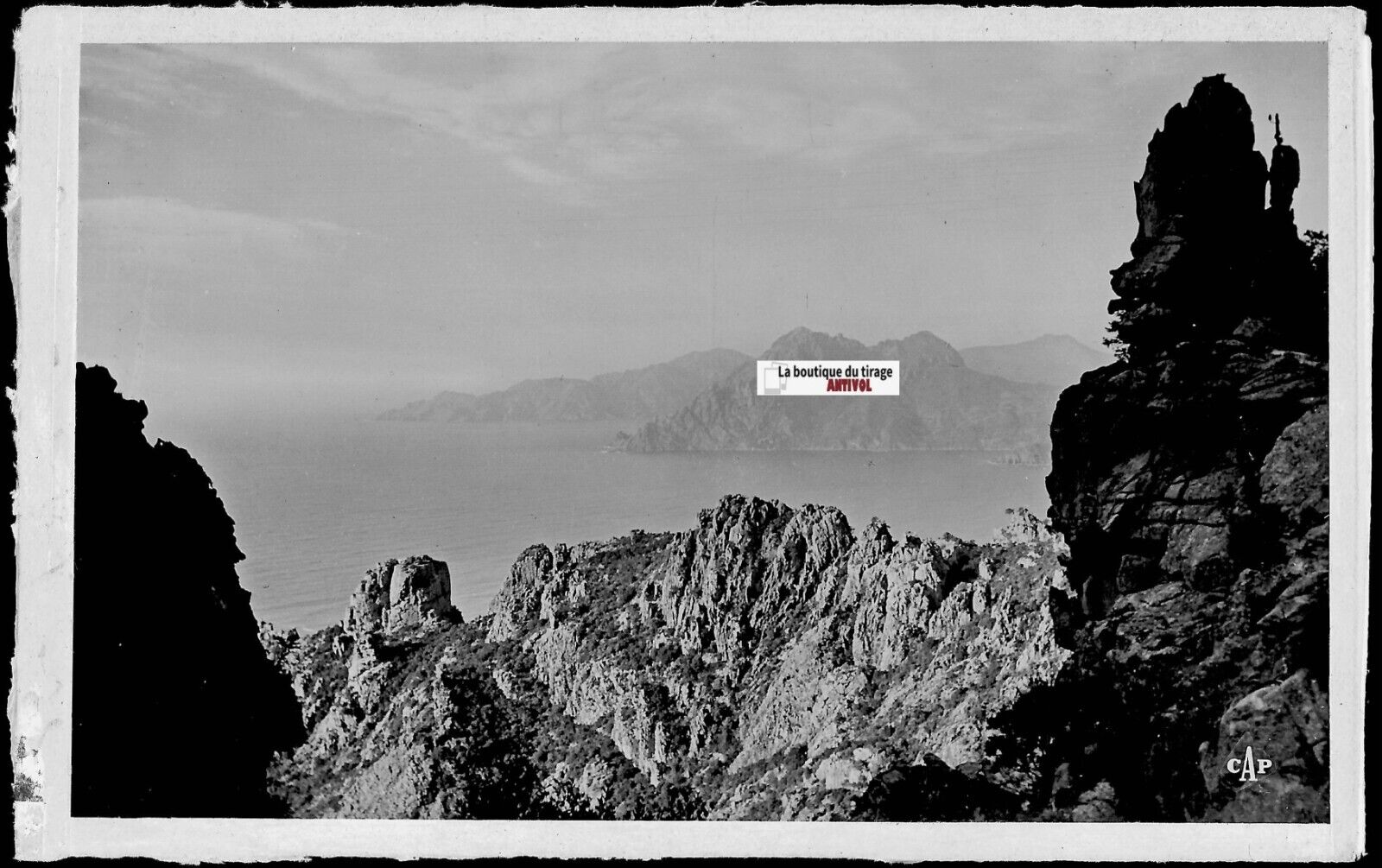 Plaque verre photo négatif noir & blanc 9x14 cm, Piana, Corse, calanques, mer