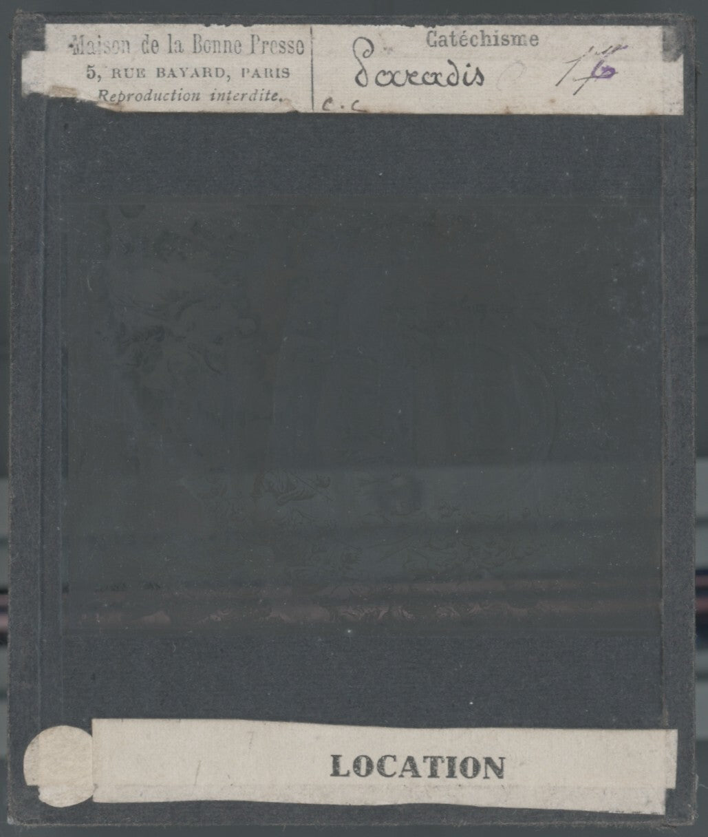 Scène religieuse, catéchisme, dessin peinture, plaque verre, positif 8,5x10 cm