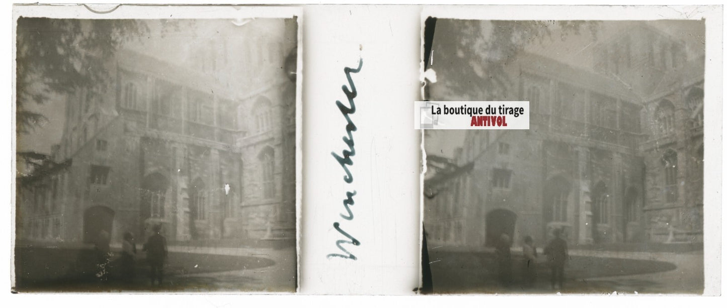 Winchester College, Plaque verre stéréoscopie, positif noir & blanc 4,5x10,7 cm