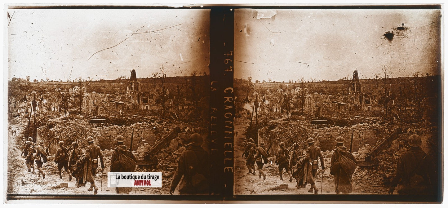 Craonnelle, ruines soldats, WW1, plaque verre, photo ancienne stéréo 6x13 cm