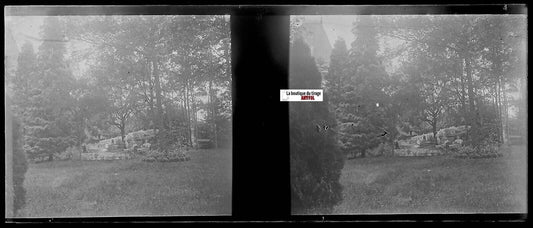 Parc, détente, Plaque verre photo stéréo, négatif noir & blanc 4,5x10,7 cm