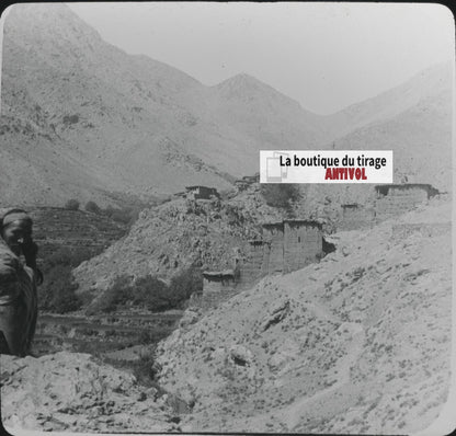 Village, Montagne, Maroc, photo ancienne plaque verre, positif 8,5x10 cm