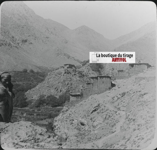 Village, Montagne, Maroc, photo ancienne plaque verre, positif 8,5x10 cm