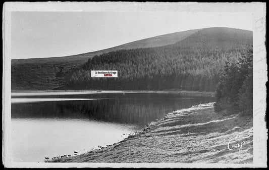 Plaque verre photo ancienne, négatif noir & blanc 9x14 cm, Mont-Dore, lac, eau