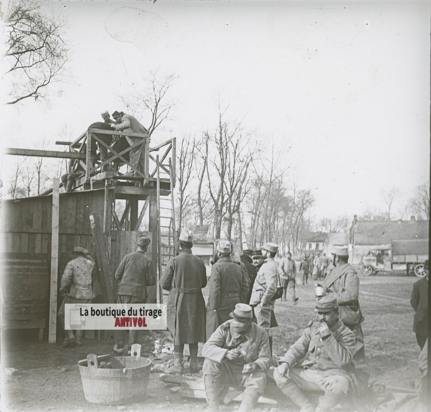 Construction, soldats guerre WW1, plaque verre photo ancienne stéréo 6x13 cm