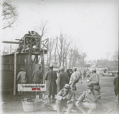 Construction, soldats guerre WW1, plaque verre photo ancienne stéréo 6x13 cm