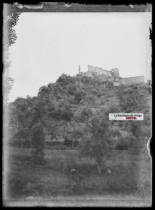 Plaque verre photo ancienne négatif noir et blanc 6x9 cm village ruine paysage