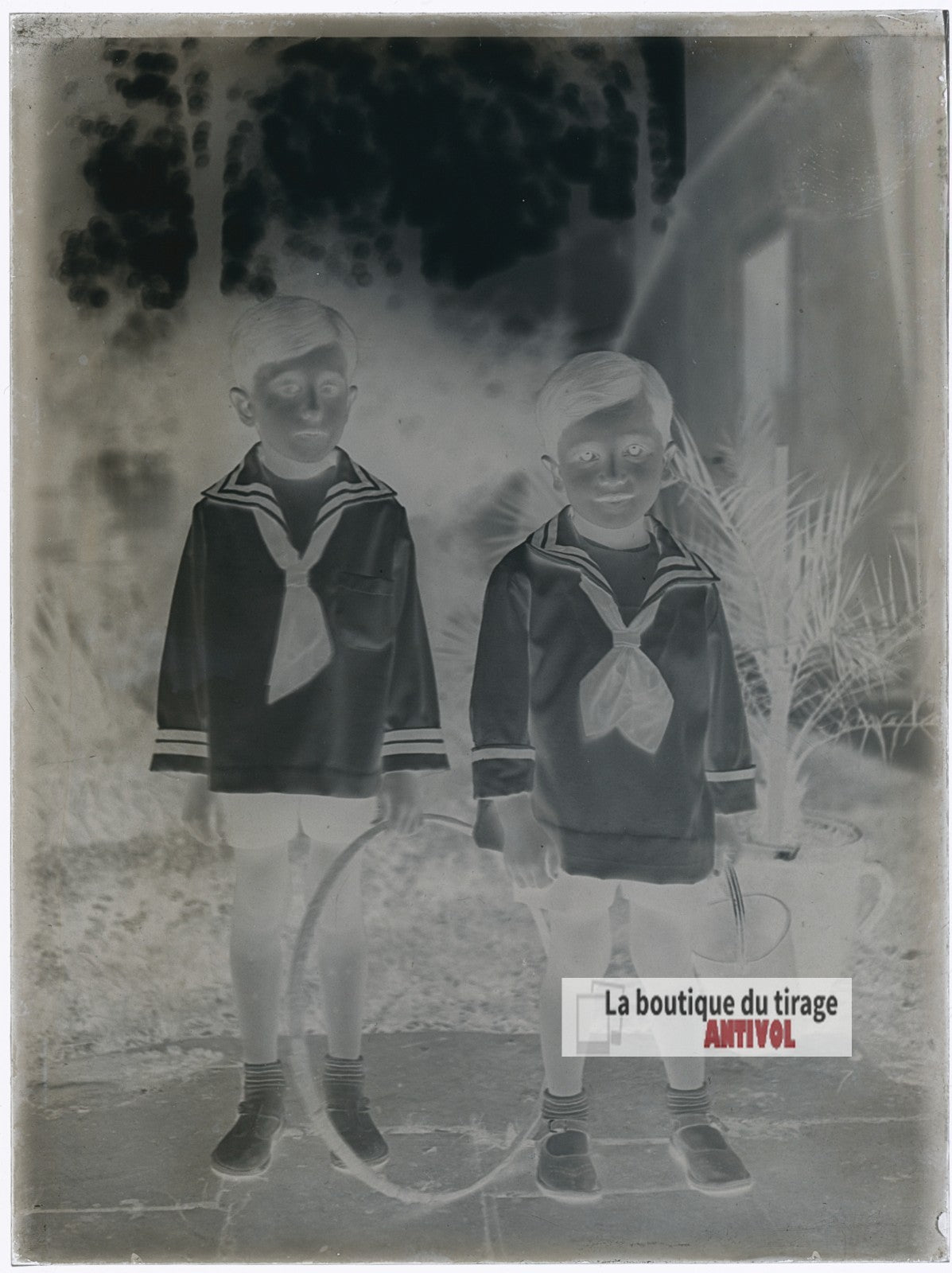 Portrait de deux jeunes garçons, plaque verre photo ancienne, négatif 9x12 cm