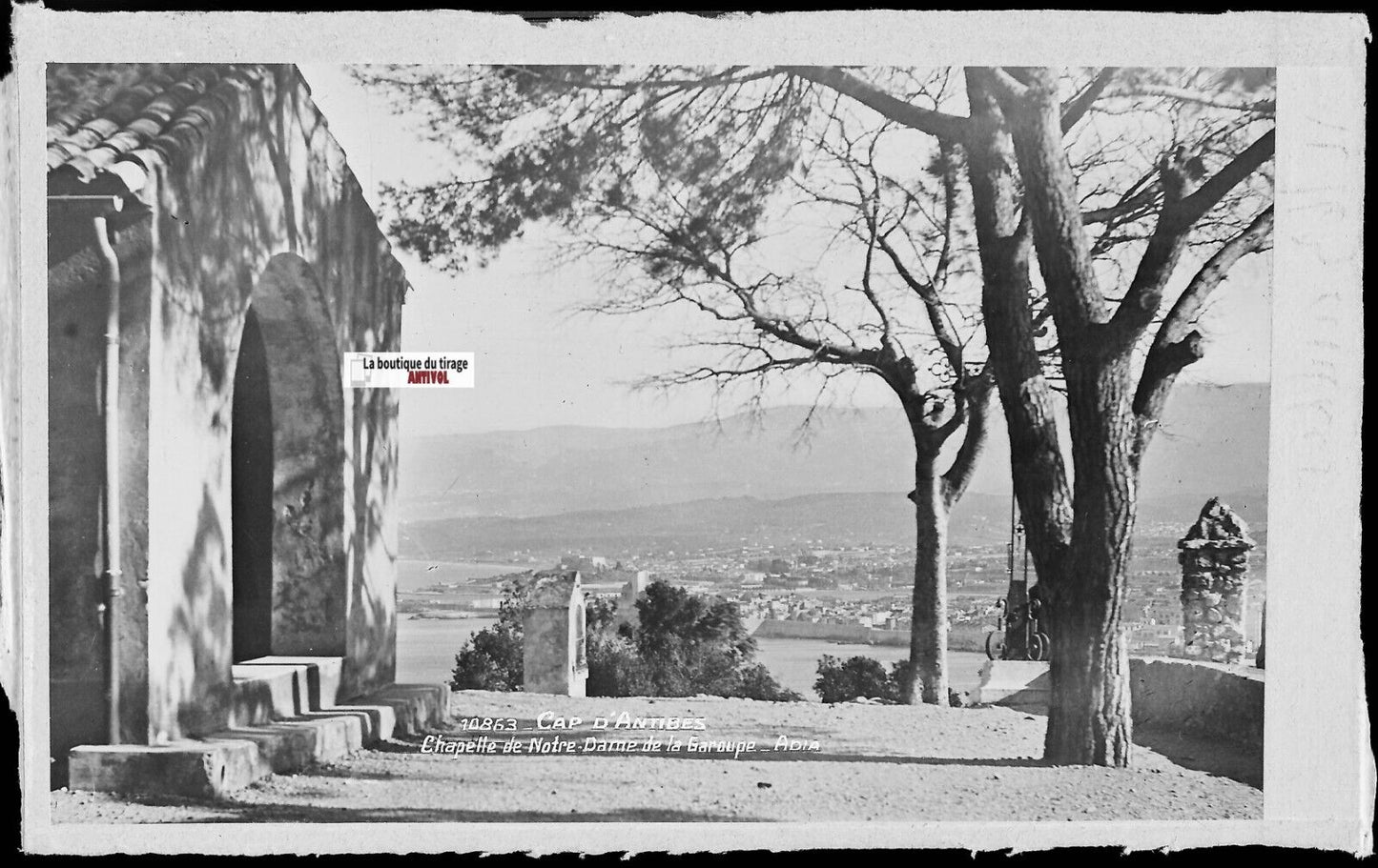 Plaque verre photo négatif noir & blanc 9x14 cm, Antibes, chapelle de la Garoupe