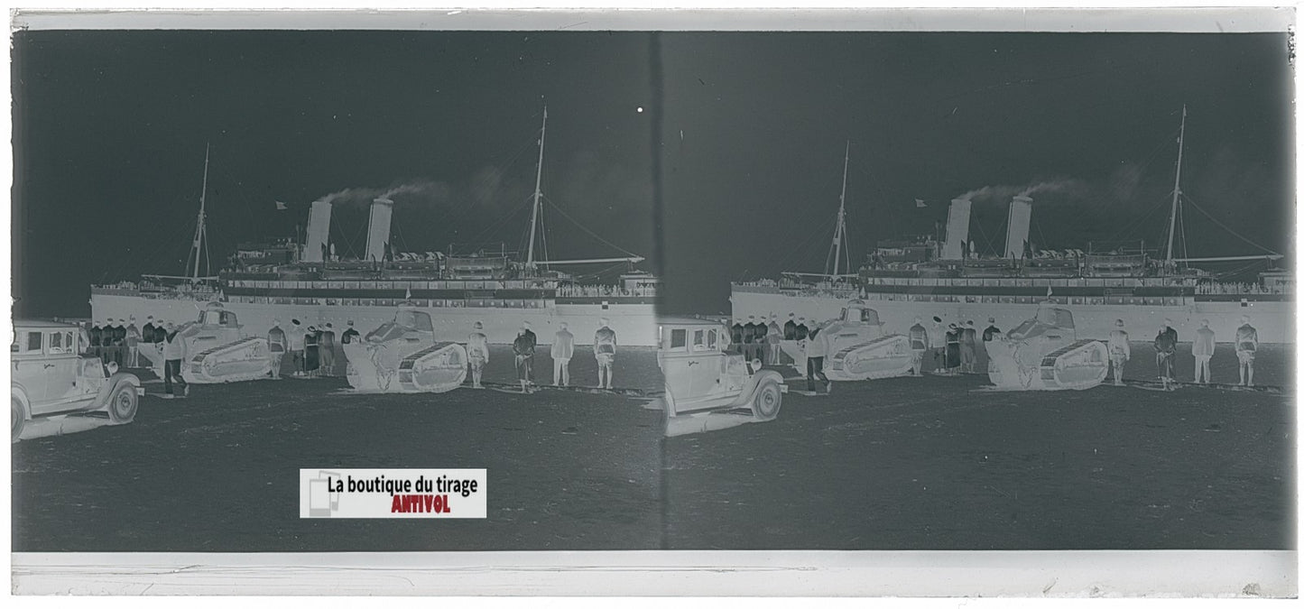 Voiture bateau, chars Renault FT, plaque verre photo stéréo, négatif N&B 6x13 cm