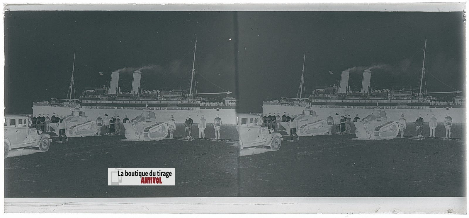 Voiture bateau, chars Renault FT, plaque verre photo stéréo, négatif N&B 6x13 cm