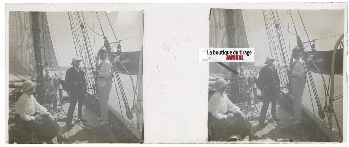 Bateau, voyage Maroc, Plaque verre stéréo, positif noir & blanc 4,5x10,7 cm