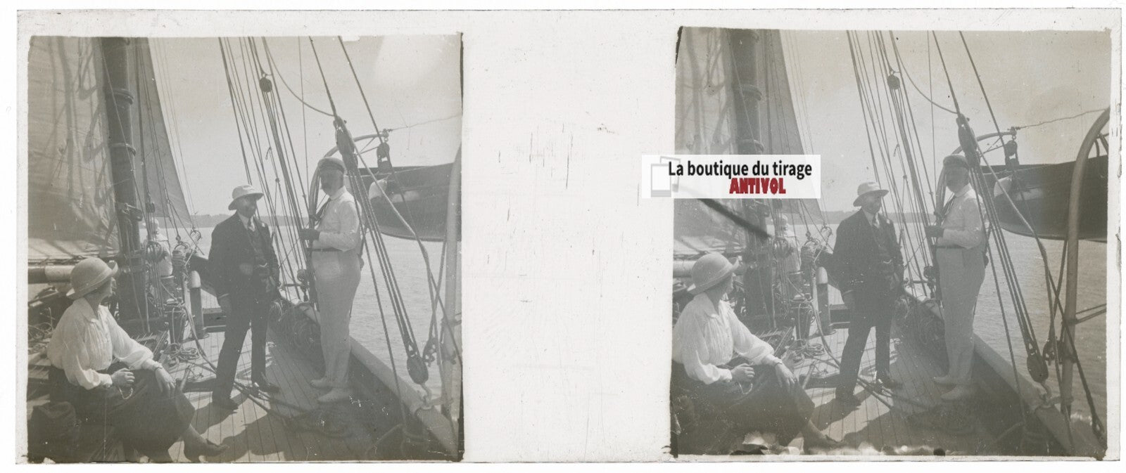 Bateau, voyage Maroc, Plaque verre stéréo, positif noir & blanc 4,5x10,7 cm