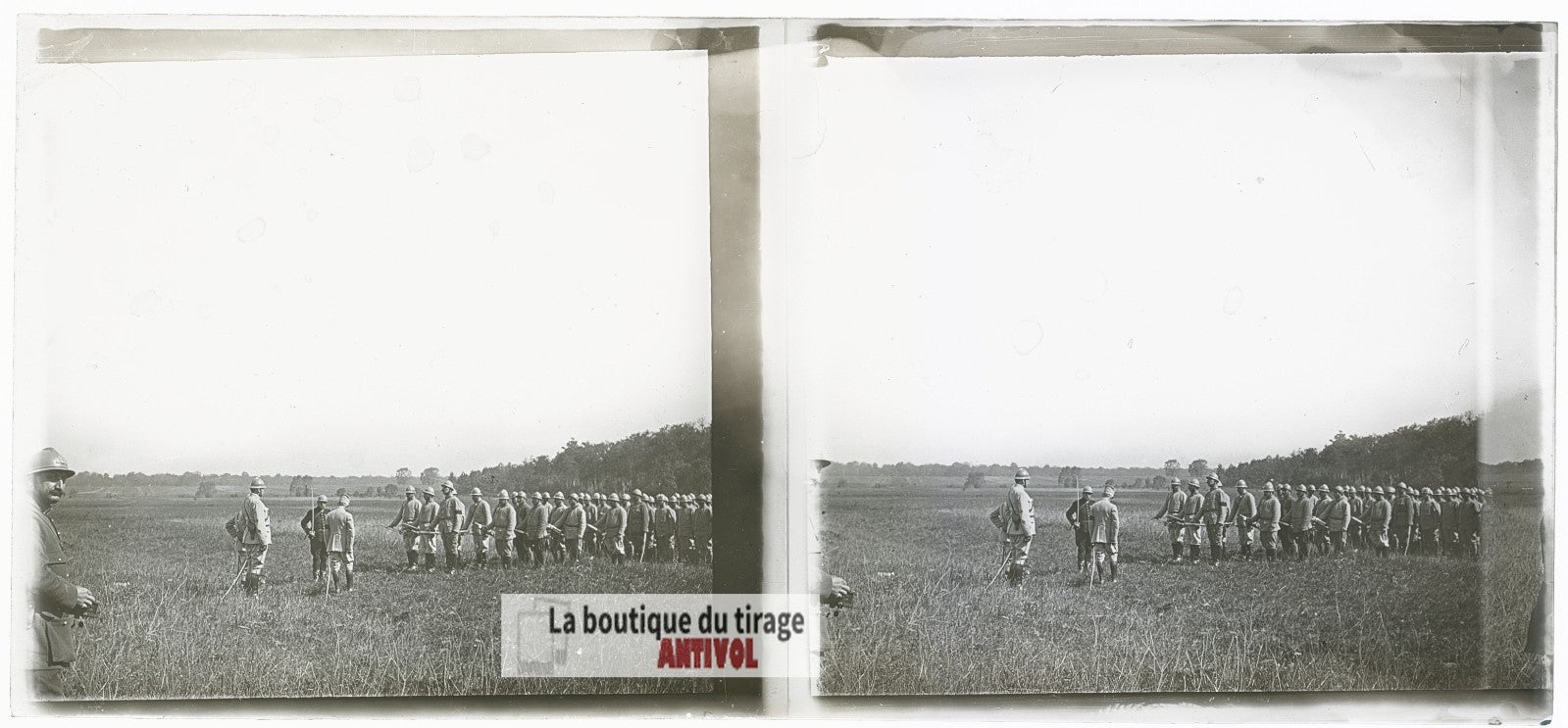 Soldats, régiment, guerre WW1, plaque verre photo ancienne stéréo 6x13 cm