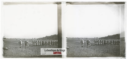 Soldats, régiment, guerre WW1, plaque verre photo ancienne stéréo 6x13 cm