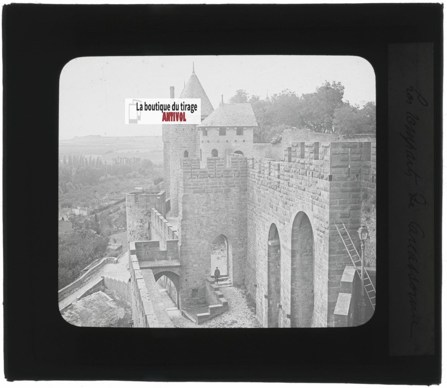 Cité de Carcassonne, photo plaque verre, noir et blanc, positif 8,5x10 cm