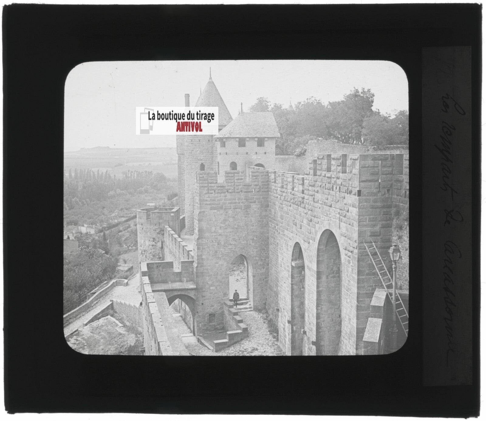 Cité de Carcassonne, photo plaque verre, noir et blanc, positif 8,5x10 cm