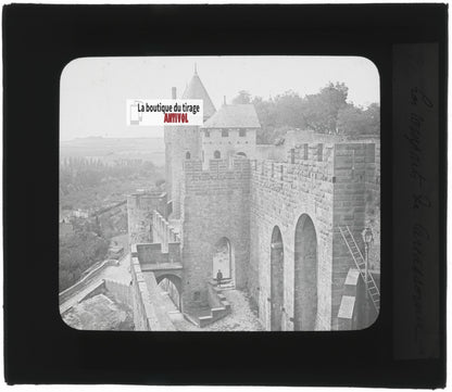 Cité de Carcassonne, photo plaque verre, noir et blanc, positif 8,5x10 cm