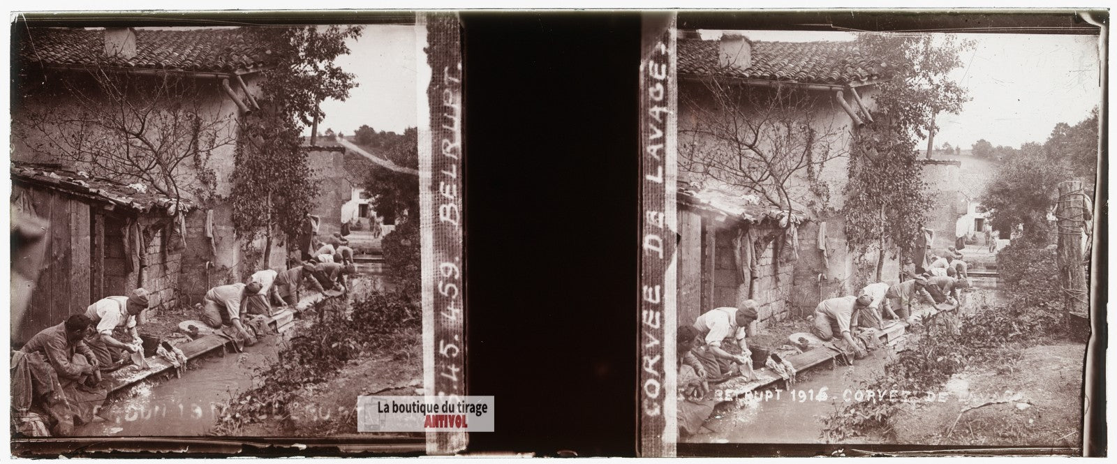 Belrupt, corvée de lavage, guerre WW1, plaque verre stéréo, photo 4,5x10,7 cm
