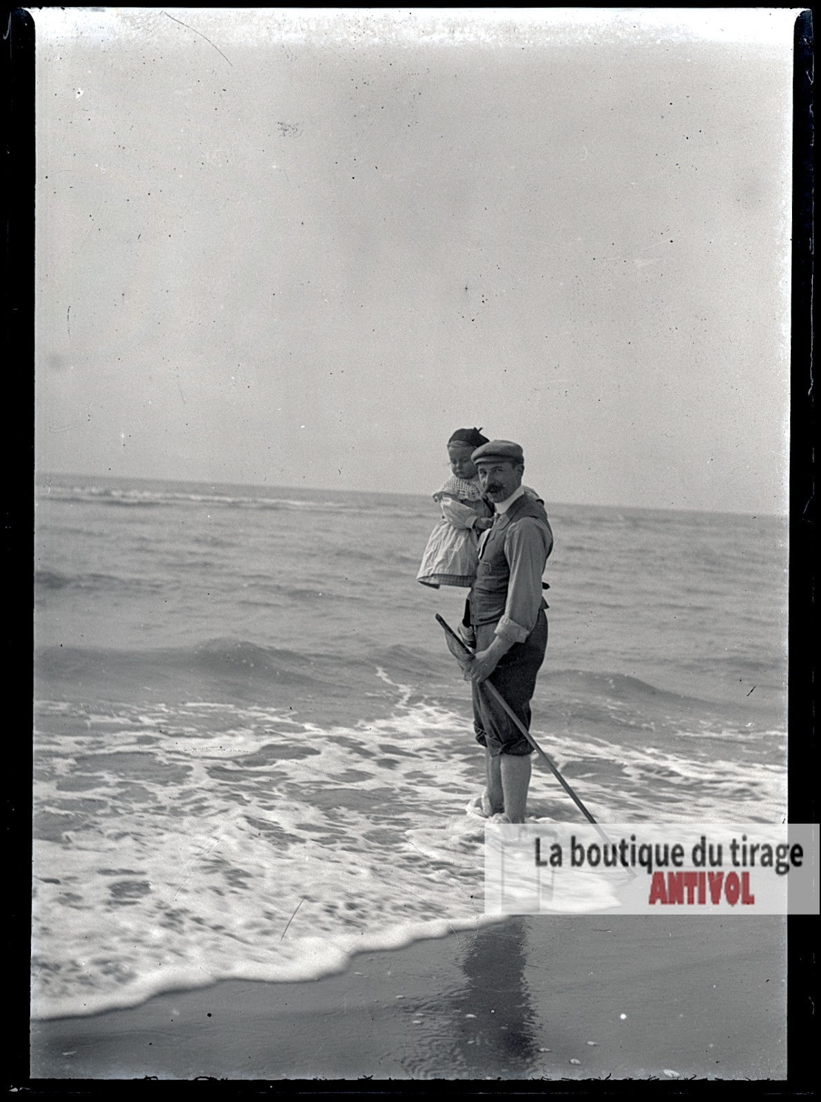 Homme, enfant, mer, Berck-Plage, plaque verre photo ancienne, négatif 9x12 cm
