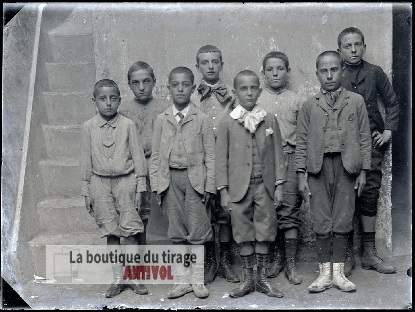 Groupe d’écoliers, garçons, plaque verre, photo ancienne, négatif 9x12 cm