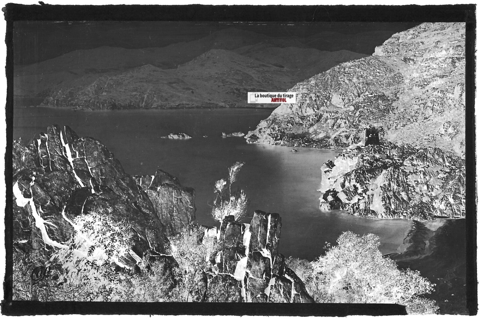 Plaque verre photo négatif noir & blanc 9x14 cm, Piana, Corse, Golfe Porto, mer
